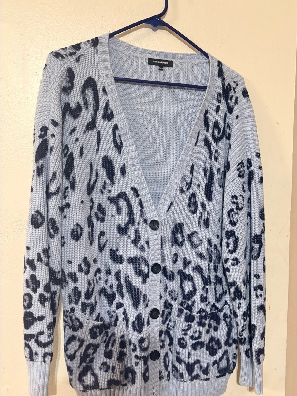 525 America Light Blue and Navy Leopard-Print Button Cardigan
